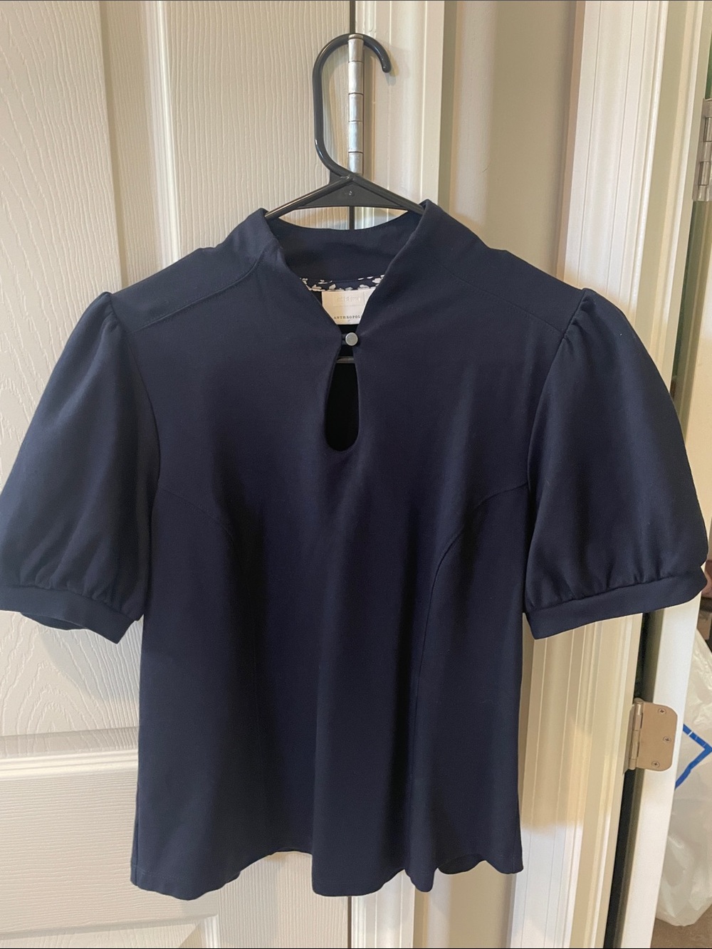Anthropologie Navy Short Sleeve Keyhole Top